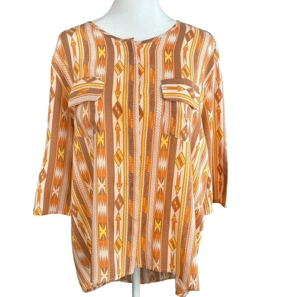 AMANDA UPRICHARD 100% Silk Button Up 3/4 sleeve Tribal Aztec Blouse - Size Large - Picture 1 of 11